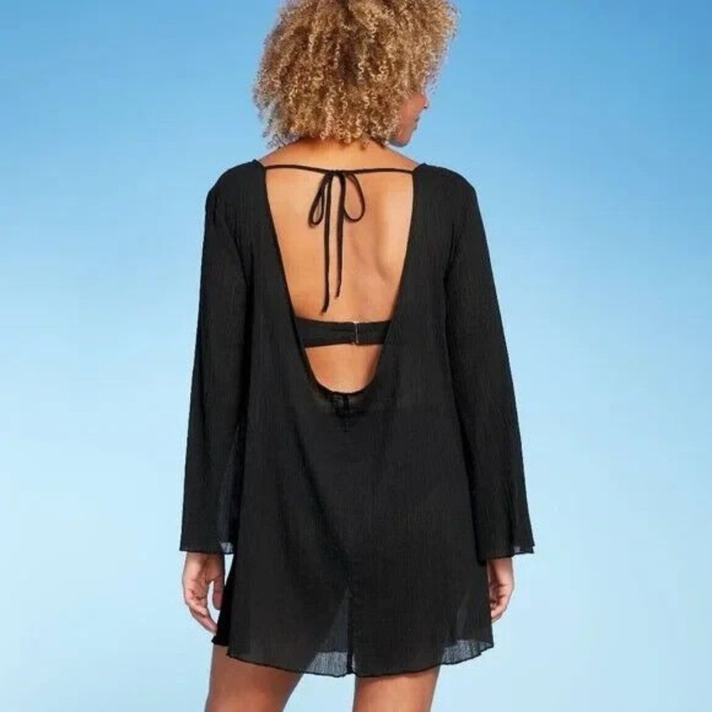 Shade & Shore Target Womens Swimsuit M Coverup Dress Long Bell Sleeve Gauz Black - Picture 3 of 9